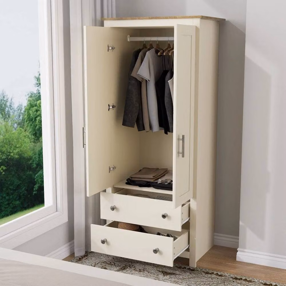 FLAVORA Cream and Oak 2 Door Wardrobe with Drawers and Hanging Rail W/D/H: 100 x 100 x 100 cm – 2