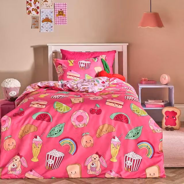 OHS Kids Sweetie Pies Reversible Bedding Set with Duvet Cover and Pillowcase, Pink, Single, 90 x 190 cm