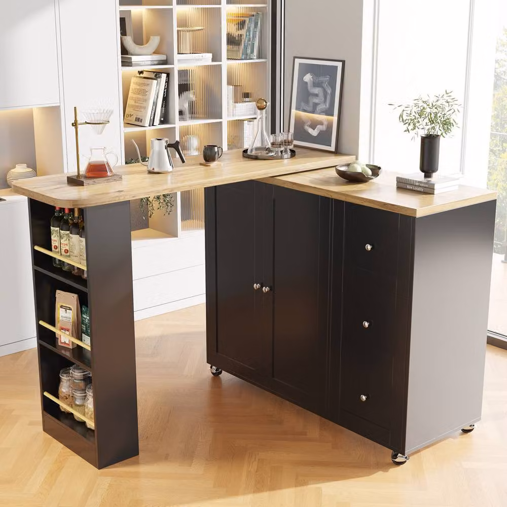 Rolipo 360 Swivel Bar Table and Kitchen Island with 3 Drawers, Black – 8