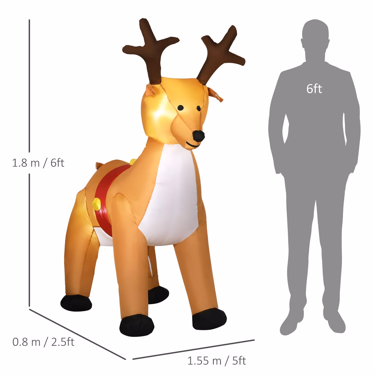 HOMCOM 1.8m Inflatable Christmas Reindeer with LED Lights, Brown Outdoor Holiday Decoration – 3