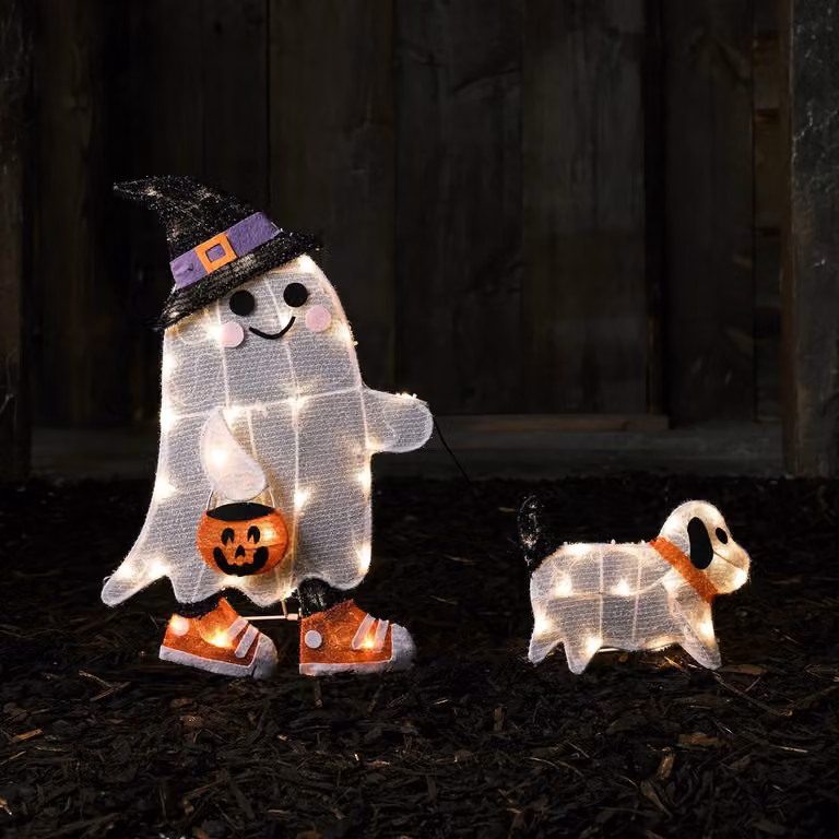 Lights4fun Gustav the Dog-walking Ghost LED Halloween Decoration, White, Height: 50 cm