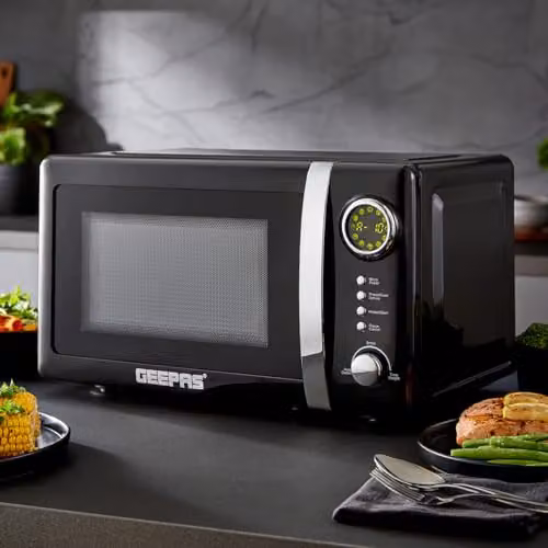 Geepas Retrovive Kitchen Combo Set in Black featuring 20L Digital Microwave, 1.8L Electric Kettle, 4 Slice Toaster and 2-in-1 Jug Blender – 4