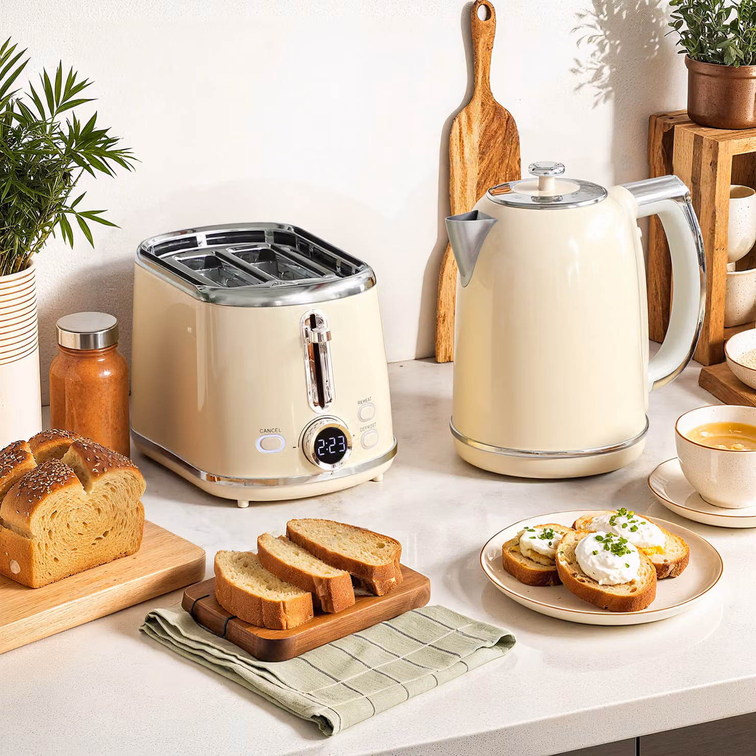 HOMCOM Retro Kettle and Toaster Set in Cream with Temperature Control and Auto-Shutoff – 2