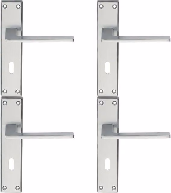 Loops 4x Flat Straight Lever on Lock Backplate Door Handle in Satin Chrome, W: 180 mm, H: 40 mm