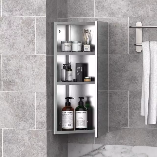 HOMCOM Modern Wall Mounted Silver Bathroom Mirror Cabinet with Internal Shelves and Hinged Glass Doors