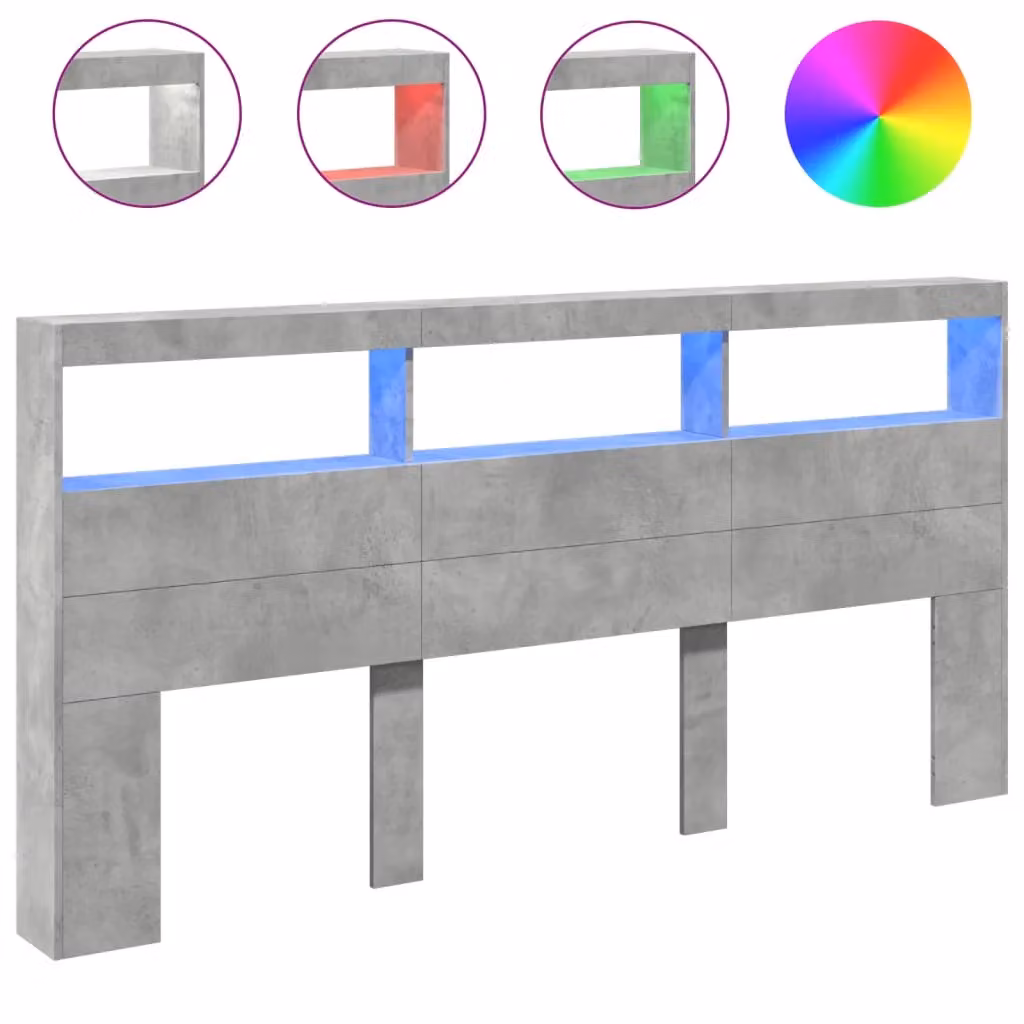Berkfield Home Modern Wall Mount Headboard Cabinet with LED Lighting and USB Charging Port in Matt Concrete Grey, W/D/H: 200 x 17 x 102 cm – 2