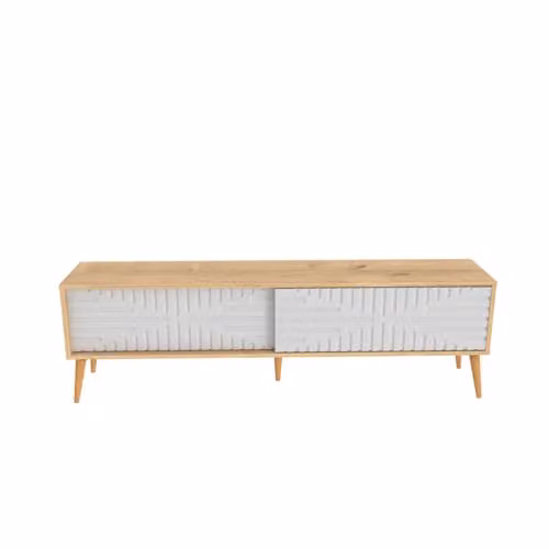 DECOROTIKA Riso Modern TV Stand with Sliding MDF Doors and Solid Wood Legs, Oak and White, W: 180 cm, H: 54 cm, D: 35 cm