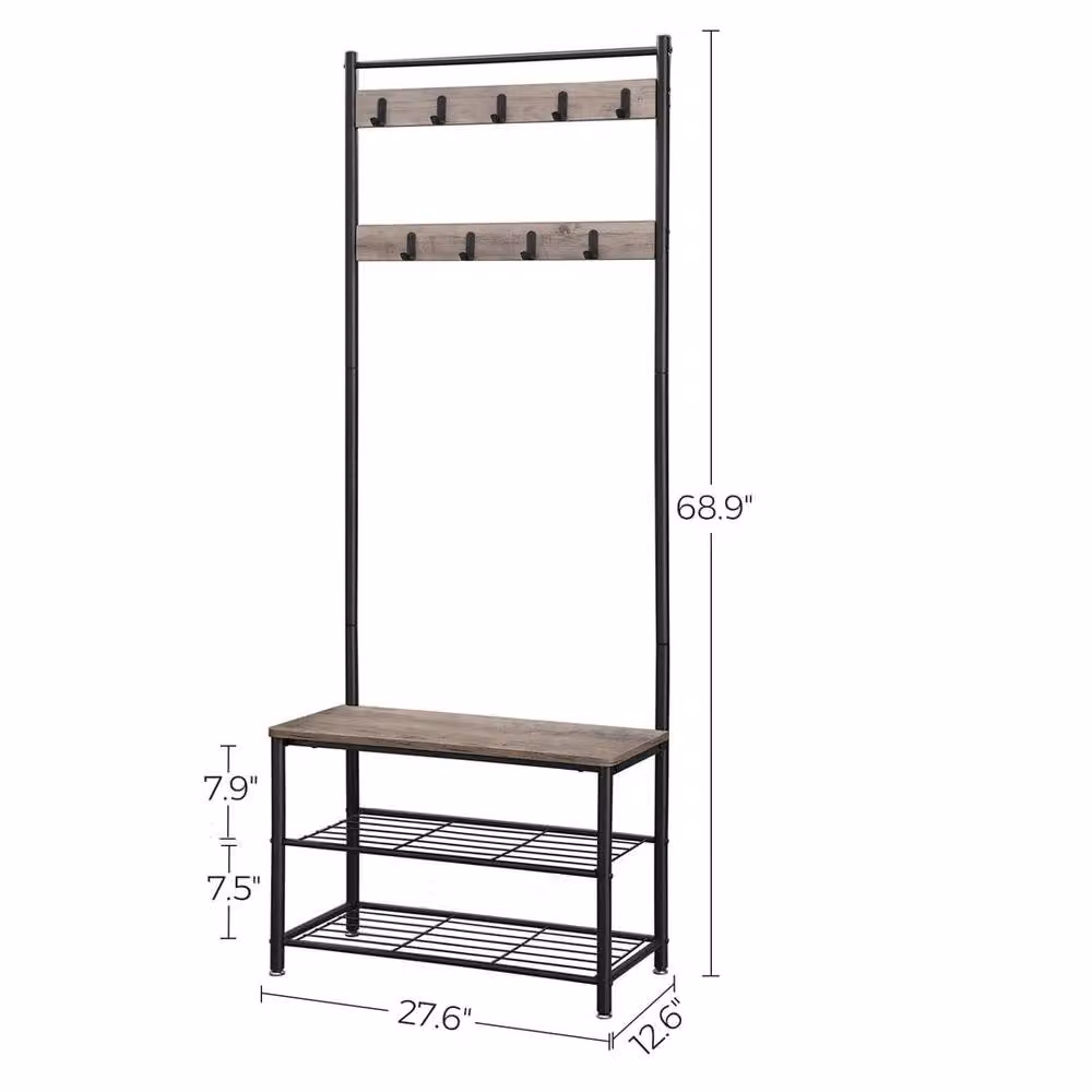 KORVIXA Hall Tree with Bench and Shoe Rack in Rustic Brown – 2