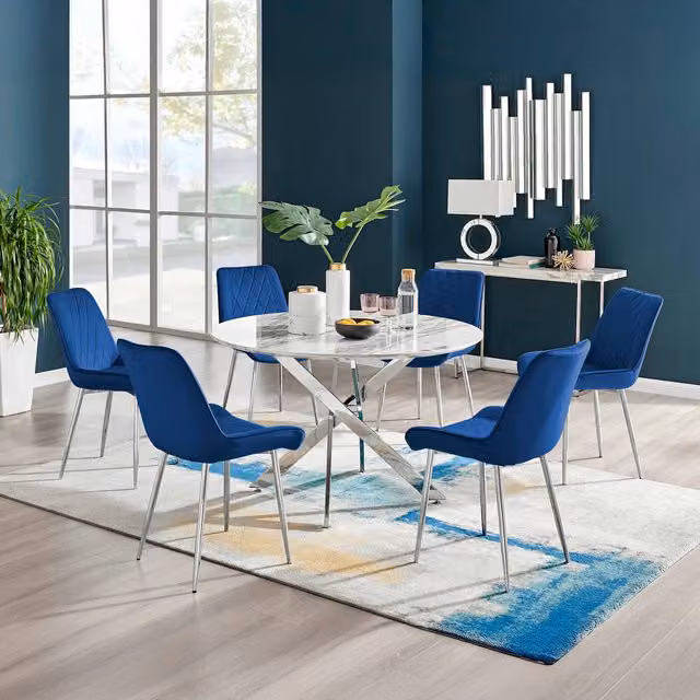 FurnitureboxUK Novara White Marble Effect Round Dining Table and 6 Pesaro Silver Chairs in Navy