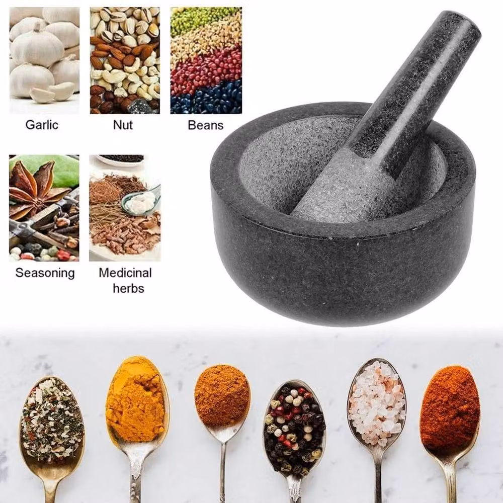 PAWNORA Black Natural Granite Round Mortar and Pestle, 16 cm – 4