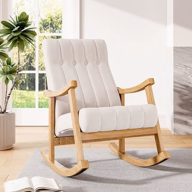 Livingandhome Mid-Century Velvet Rocking Armchair with Armrests and Solid Rubberwood Frame, Beige