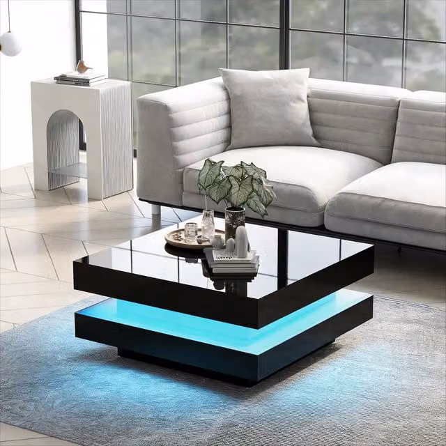 BTM Square LED Coffee Table with 360 Degree Rotating Top in Black, W/D/H: 70 x 70 x 36 cm – 1