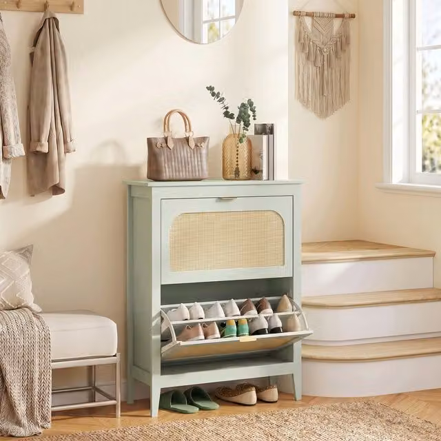 HOMCOM Boho Slim Shoe Cabinet with Rattan Doors in Green and Oak, Holds 20 Pairs