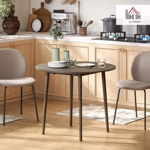 HOMCOM Modern Round Folding Dining Table for 4 with Butterfly Drop Leaf and Wood Legs, Grey – 2