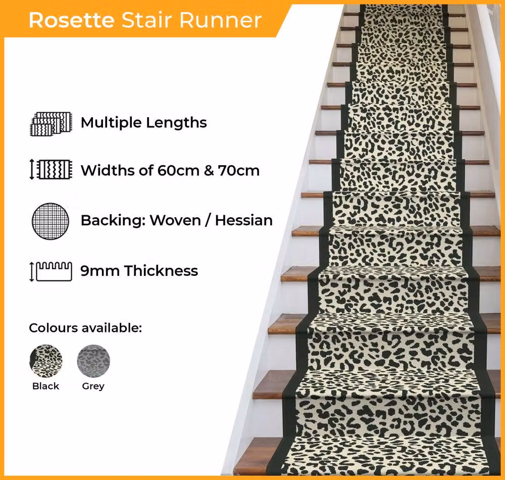 runrug Rosette Stair Runner Carpet in Black, W: 70 cm, L: 630 cm – 2