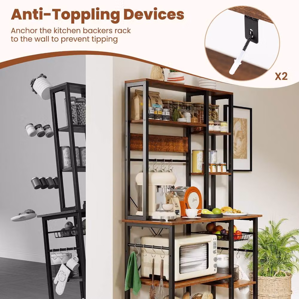 Gymax 9-Tier Metal Frame Bakers Rack and Microwave Stand with Power Outlet in Brown – 8