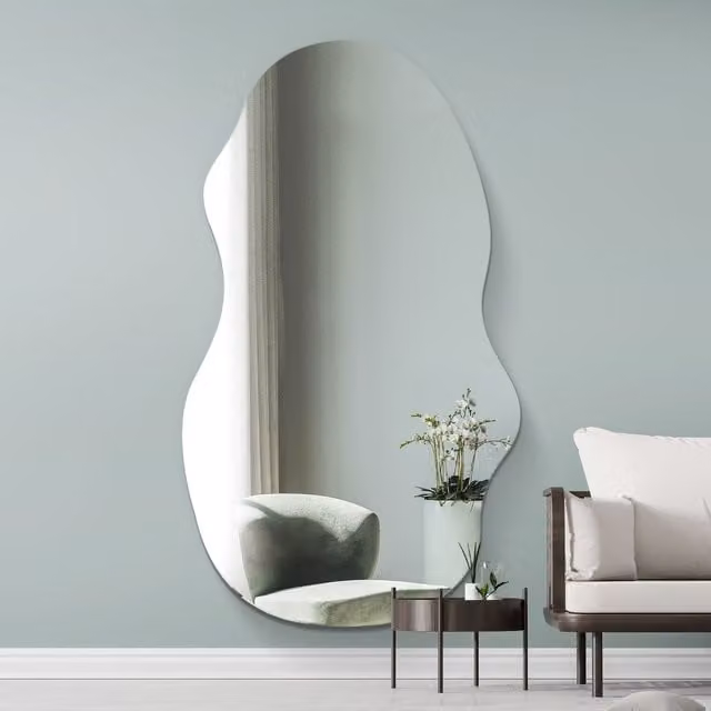 MirrorOutlet Modern Frameless Organic Pond Wall Mirror in Silver and Black
