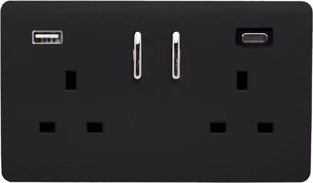 Trendi 2 Gang 13 Amp USB Plug Socket with Type A and C Ports in Matt Black