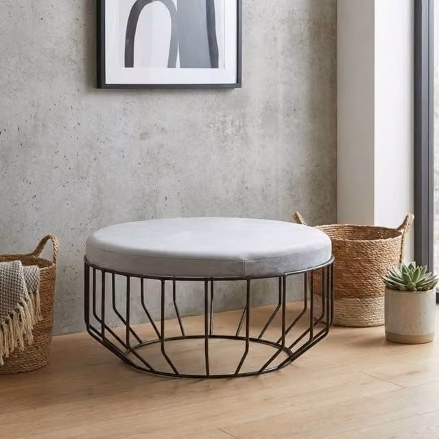 Garden Greatness Hayes Round Grey Velvet Footstool with Metal Frame