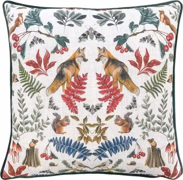 Evans Lichfield Mirrored Fox Watercolour Printed Square Cushion in Multicolour Green, W/D/H: 43 x 43 x 43 cm