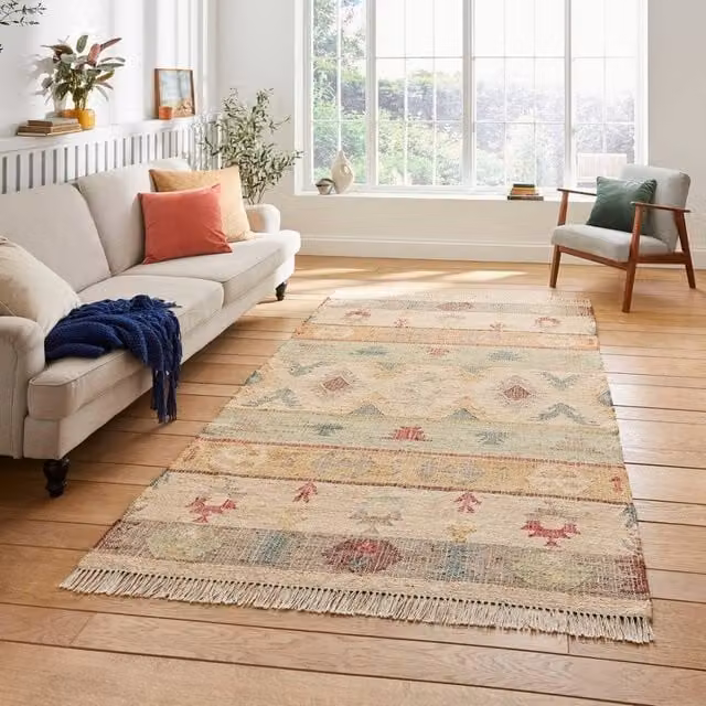 The Rug Shop UK Multicolour Handmade Modern Geometric Jute Striped Kilim Flat Weave Rug W: 150 cm, D: 230 cm – 1