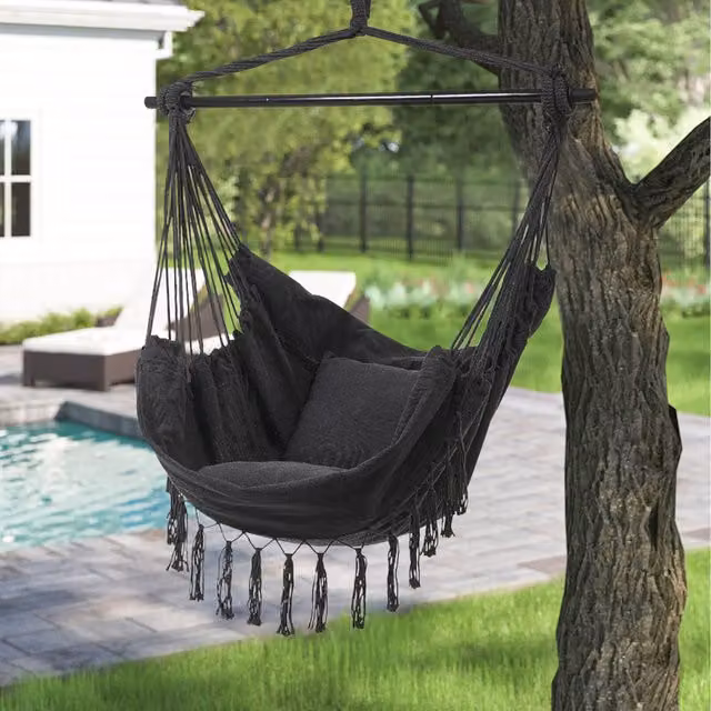 Lifeideas Black Boho Garden Hammock Swing Seat with Weatherproof Cushion