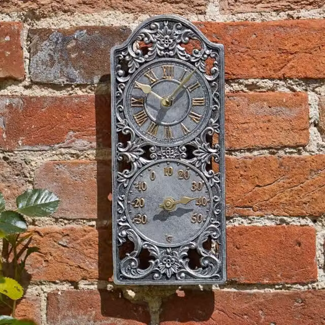 Garden Mile Westminster Antique Silver Wall Clock and Thermometer with Quartz Movement