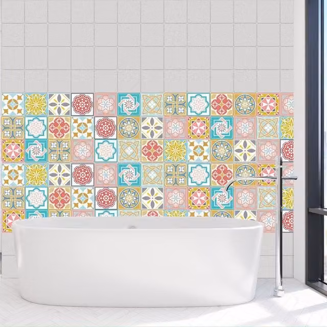 Walplus Pink and Multicolour Wall Tile Stickers, 96 Pack, 10 x 10 cm