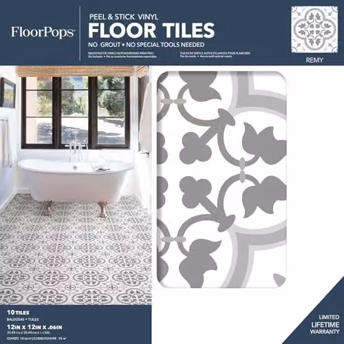 FloorPops Remy Peel & Stick Floor Tiles, Grey, W: 30.48 cm, D: 30.48 cm, H: 0.15 cm – 2