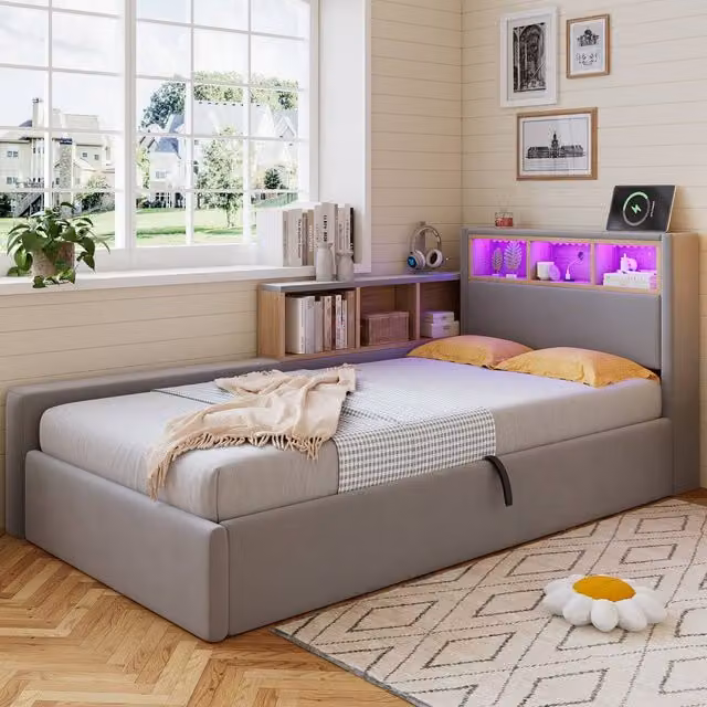 BTM Grey Velvet Single Daybed with LED Lighting, USB Charging Port and Storage, W/D/H: 190 x 90 x 82.5 cm