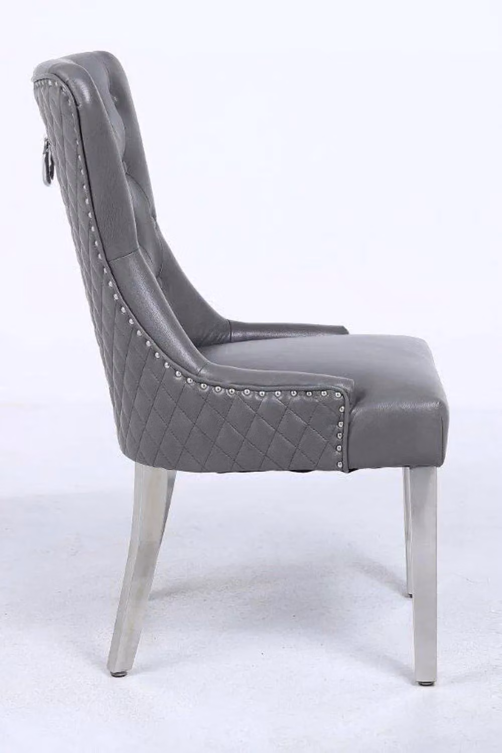 Modernique Pair of Grey Leather Aire High Back Dining Chairs with Chrome Legs – 2