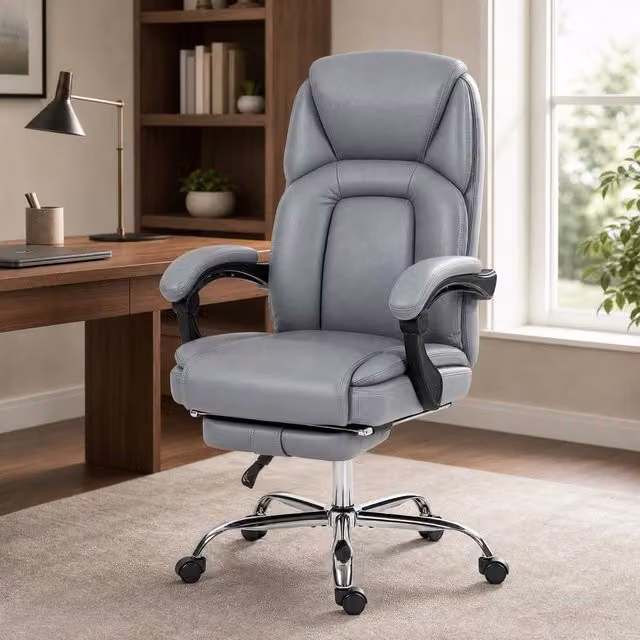 STILVORA Grey Faux Leather Reclining Executive Office Chair with Footrest and Headrest – 1