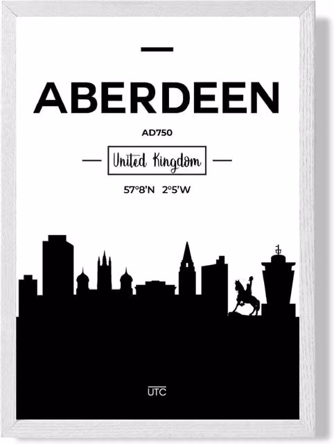 ARTZE Aberdeen Black and White City Skyline Framed Paper Poster Print with White Frame, A3 – 1