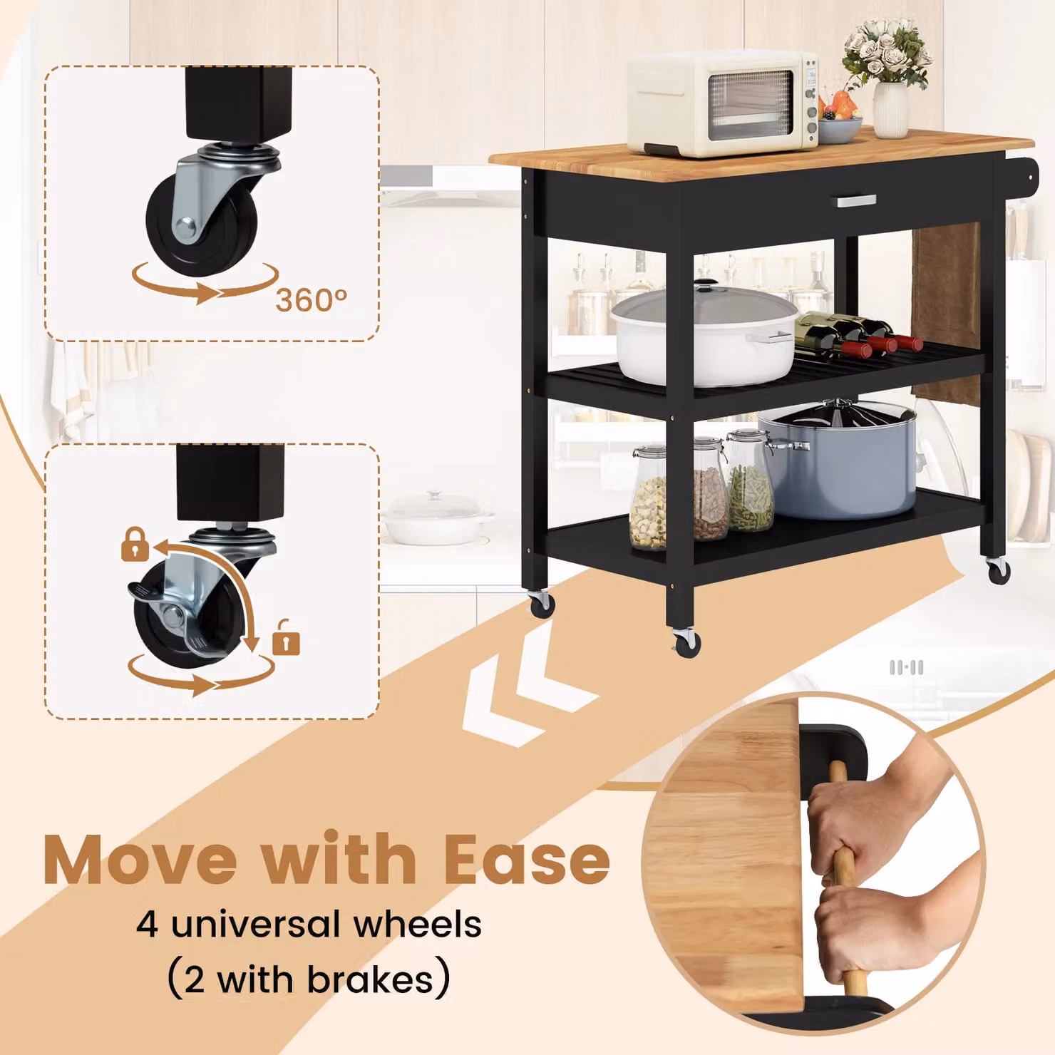 Costway 3-Tier Rolling Kitchen Island Utility Cart with Wood Countertop in Black – 8