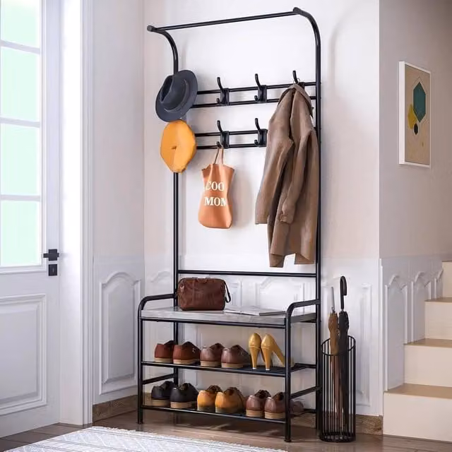 VOGREX Narrow Hall Tree Storage Bench and 4-in-1 Coat Rack with 3-Tier Shoe Rack in Black – 1