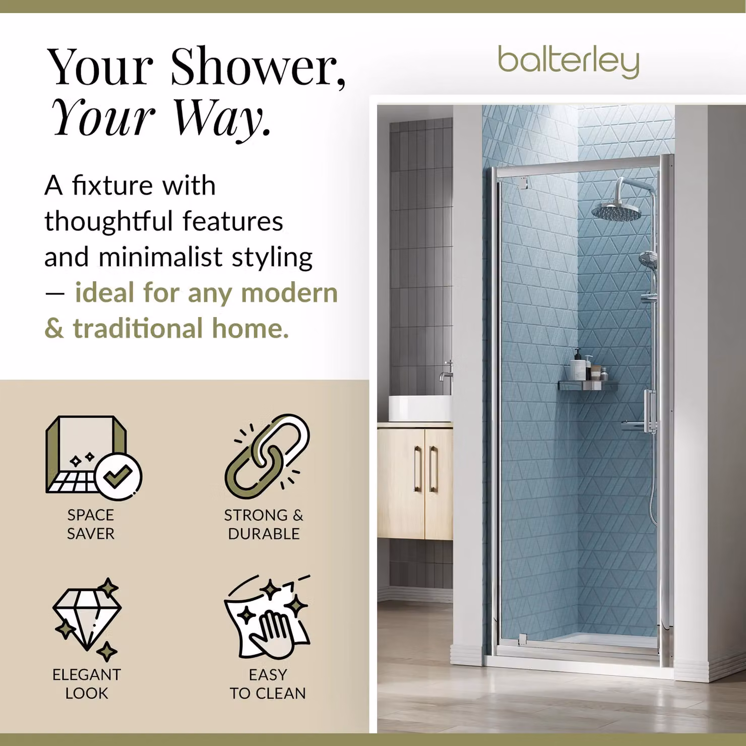 Balterley 6mm Glass Reversible Pivot Shower Door, Silver, H x W: 190 x 80 cm – 2