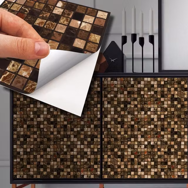 Walplus Brown Aluminium Metallic Wall Tile Stickers with Marble and Mosaic Look