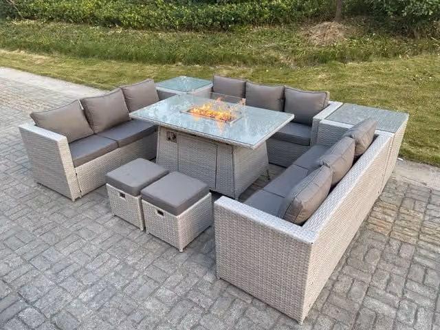 Fimous Light Grey U-Shape Rattan Lounge Sofa and Dining Set with Gas Fire Pit Table