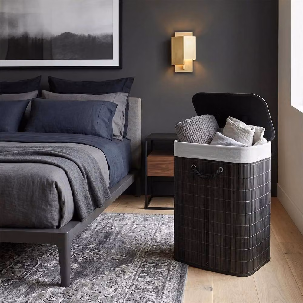 KORVIXA Bamboo Laundry Hamper with Lid and Removable Bag in Black and Grey, W/D/H: 100 x 100 x 72 cm – 4
