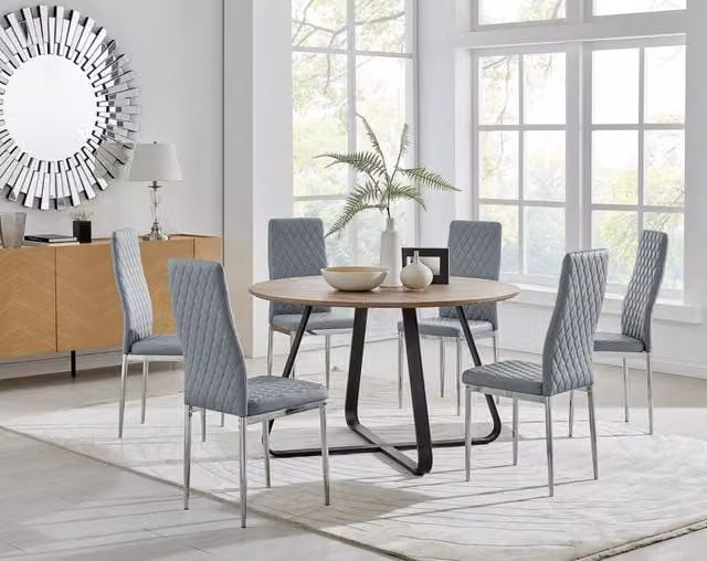 FurnitureboxUK Santorini Round Brown Wood Effect Dining Table and 6 Milan Grey Faux Leather Chairs with Chrome Legs, Diameter: 120 cm, Height: 75 cm – 1