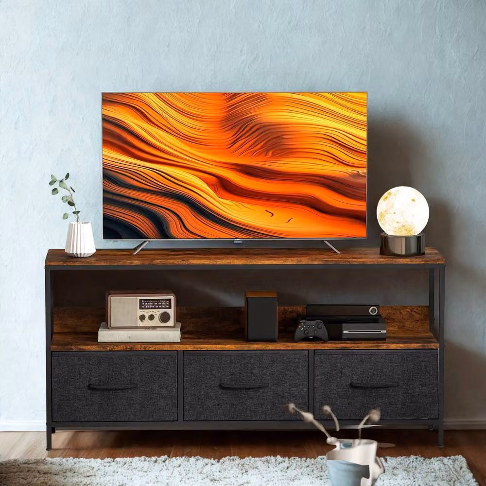 FURNOS Industrial TV Stand Unit with 3 Storage Drawers in Brown, W: 120 cm, H: 56 cm, D: 29 cm – 4