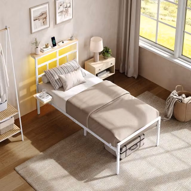 Yaheetech Single Metal Bed Frame in White with LED Headboard, USB Charging Port, Reading Light and Bedside Shelf