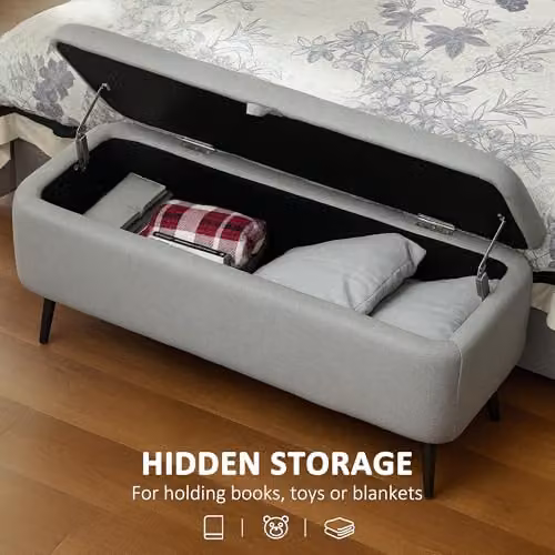 HOMCOM Grey Fabric Storage Ottoman Bench with Padded Top and Metal Legs, W/D/H: 102 x 44 x 40 cm – 4