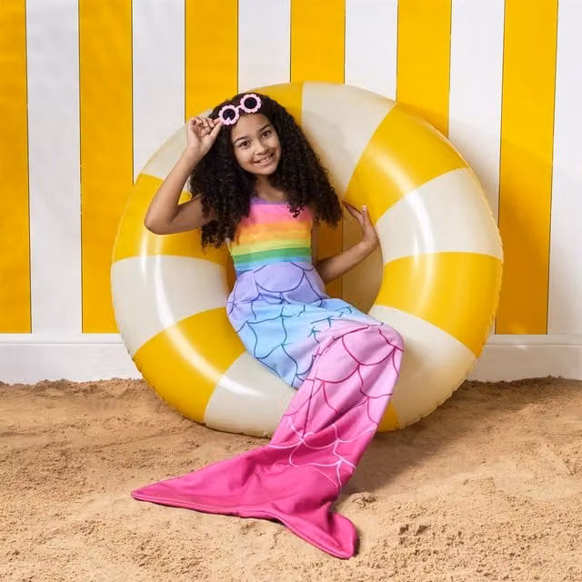 OHS Kids Shark and Mermaid Tail Absorbent Quick Drying Beach Robe in Pink