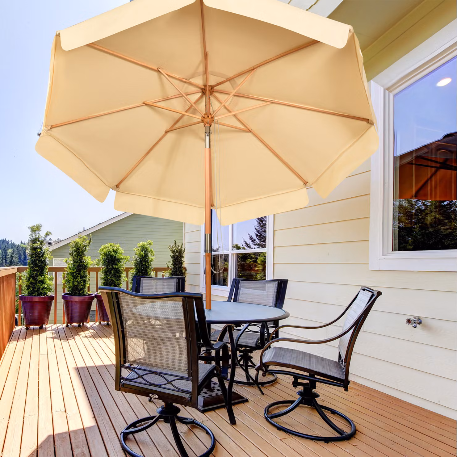 COSTWAY 3m Patio Umbrella in Beige and White with Beech Wood Frame – 2