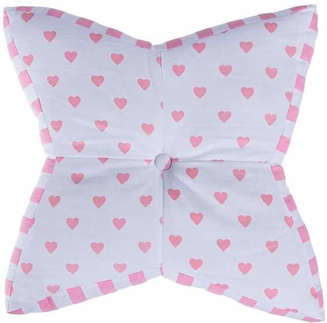 Homescapes Pink, White and Green Star Floor Cushion with Heart Pattern, Diameter: 48 cm