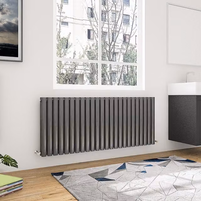 AicaBathroom Horizontal Oval Column Radiator in Anthracite Grey, W: 141.6 cm, H: 60 cm
