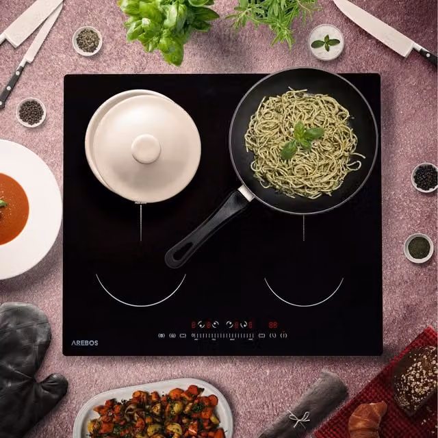 AREBOS Black 4-Zone Induction Glass Ceramic Electric Hob with Child Lock and Timer