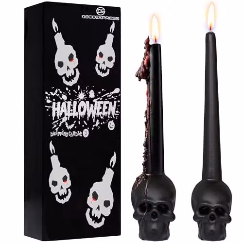 Deco Express Pack of 2 Black Skull-Shaped Tapered Unscented Gothic Candles – 1