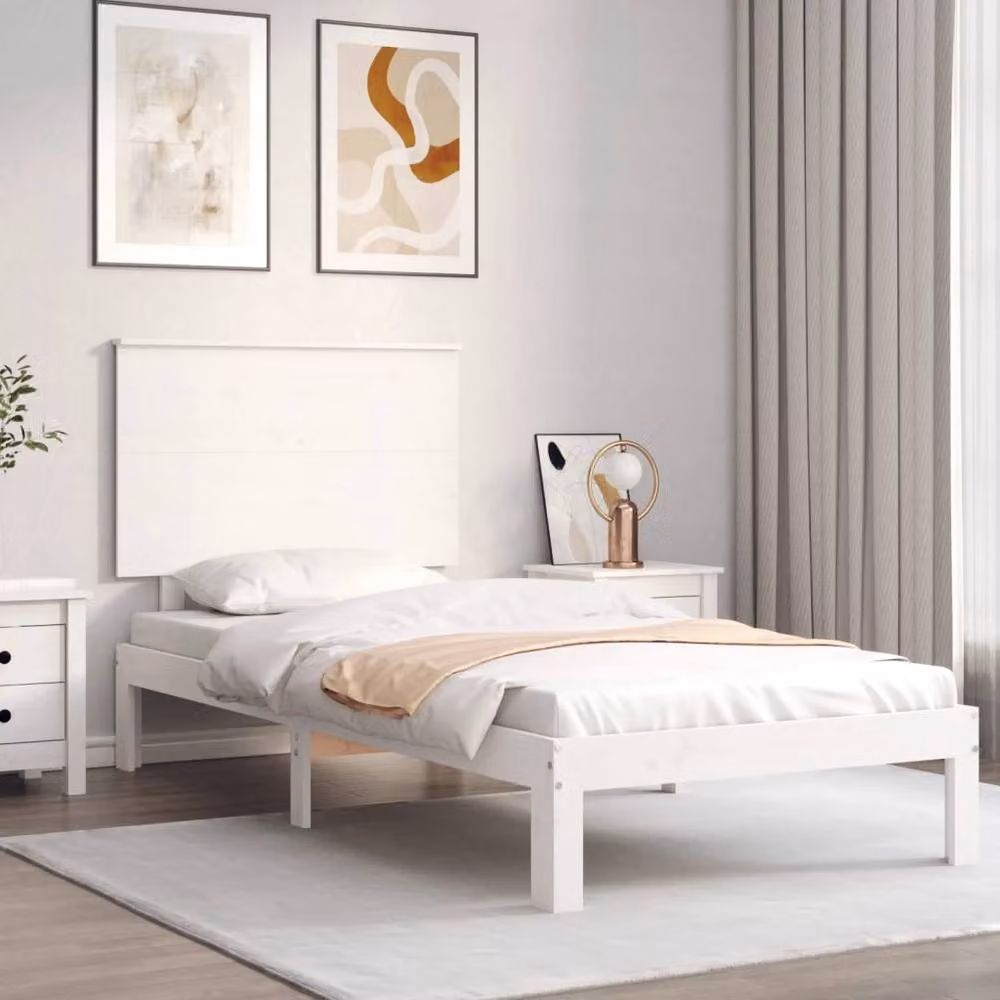 Berkfield Home White Solid Wood Pine Bed Frame with Headboard W/D/H: 100 x 200 cm – 2